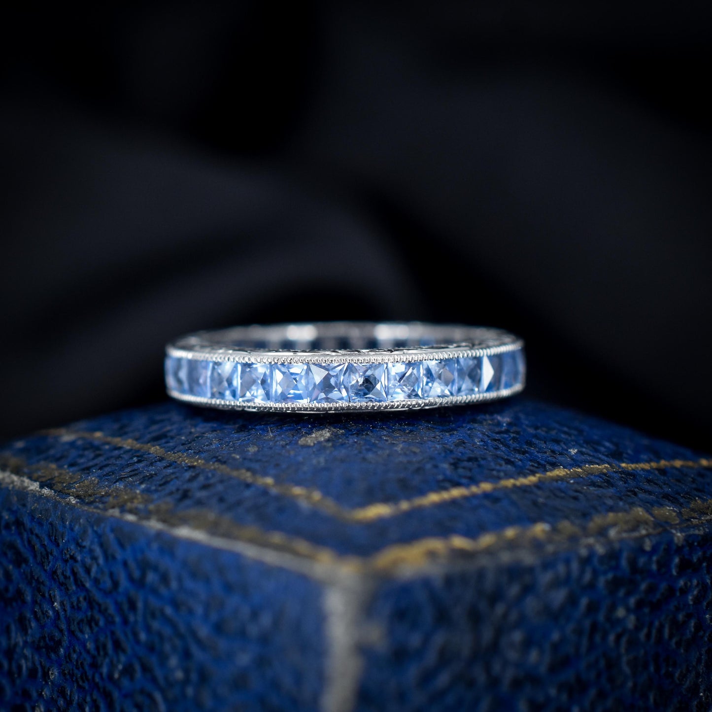 Art Deco Style 1.6ct Ceylon Sapphire Platinum Full Eternity Wedding Band Ring | Size 5