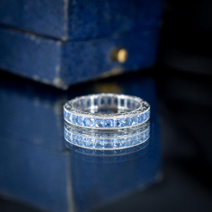 Art Deco Style 1.6ct Ceylon Sapphire Platinum Full Eternity Wedding Band Ring | Size 5