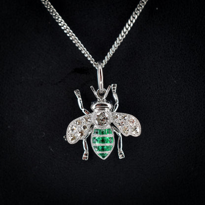 French Cut Emerald and Diamond Platinum Insect Bee Pendant | 0.25ct Diamond