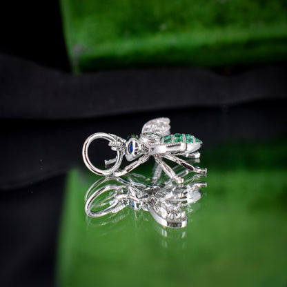 French Cut Emerald and Diamond Platinum Insect Bee Pendant | 0.25ct Diamond