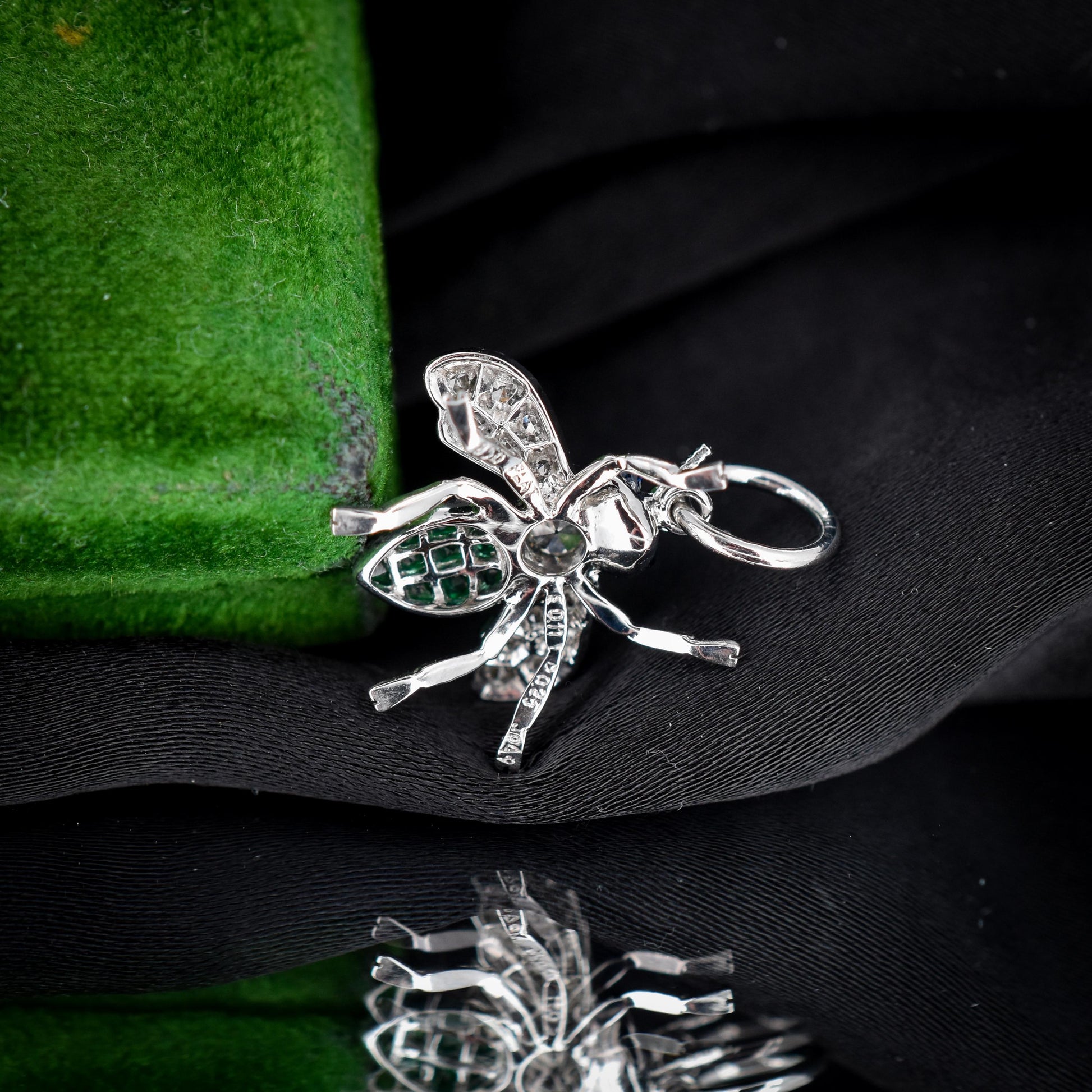 French Cut Emerald and Diamond Platinum Insect Bee Pendant | 0.25ct Diamond