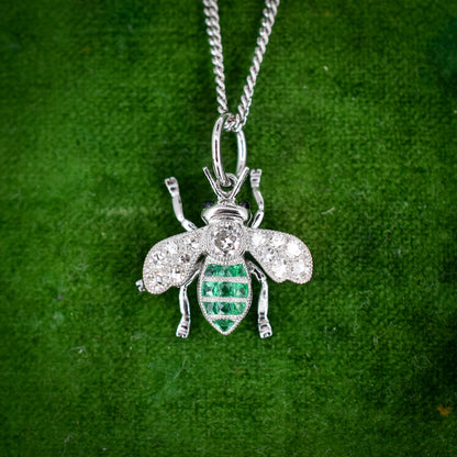 French Cut Emerald and Diamond Platinum Insect Bee Pendant | 0.25ct Diamond