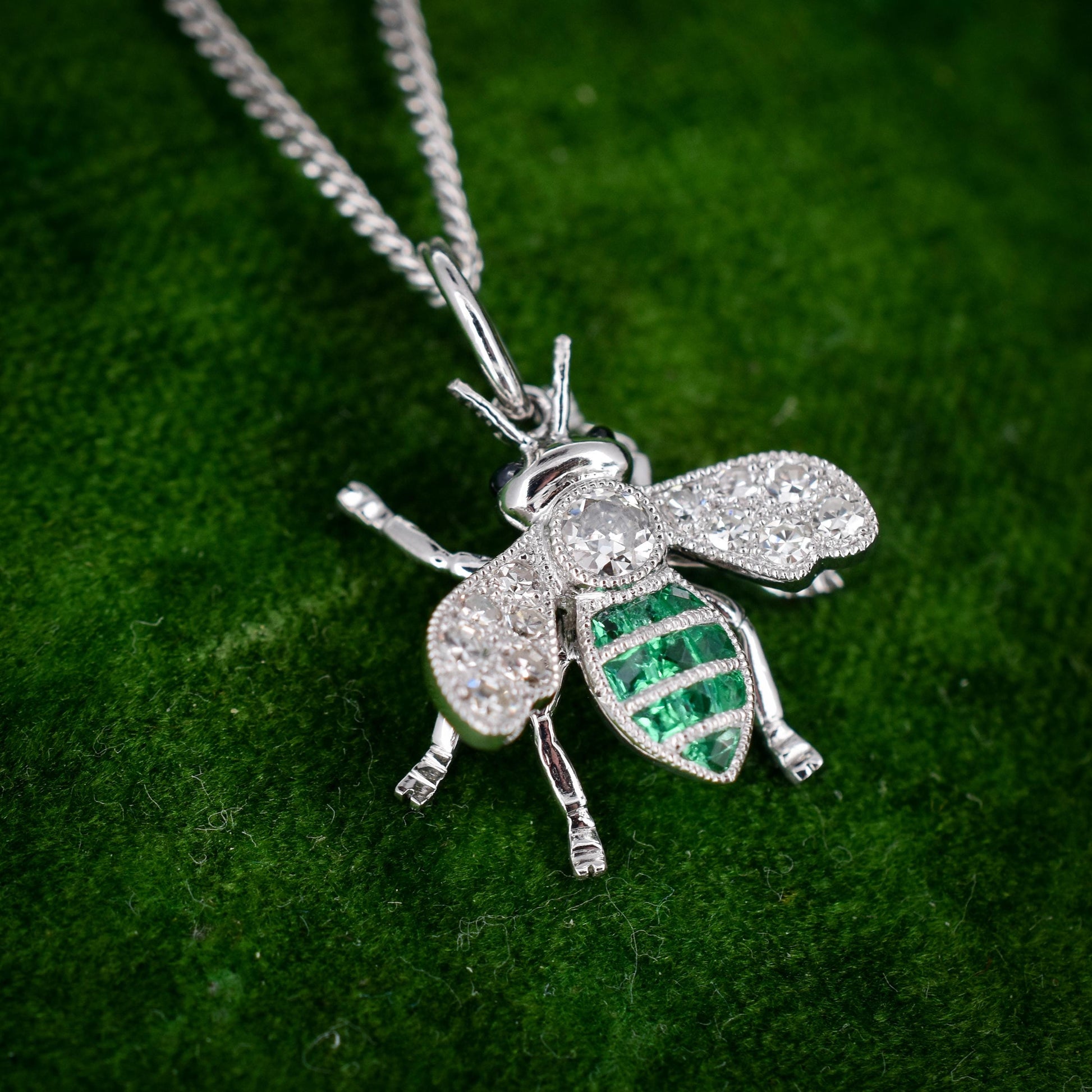 French Cut Emerald and Diamond Platinum Insect Bee Pendant | 0.25ct Diamond