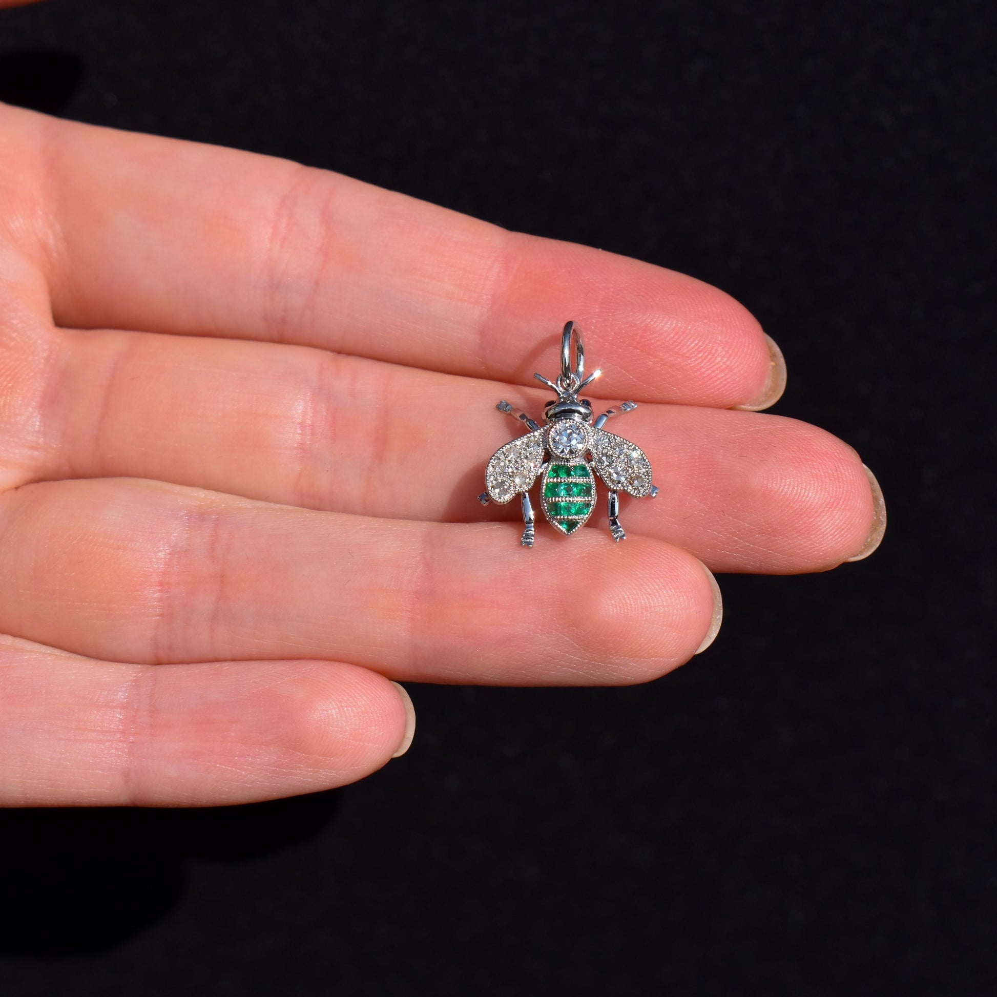 French Cut Emerald and Diamond Platinum Insect Bee Pendant | 0.25ct Diamond