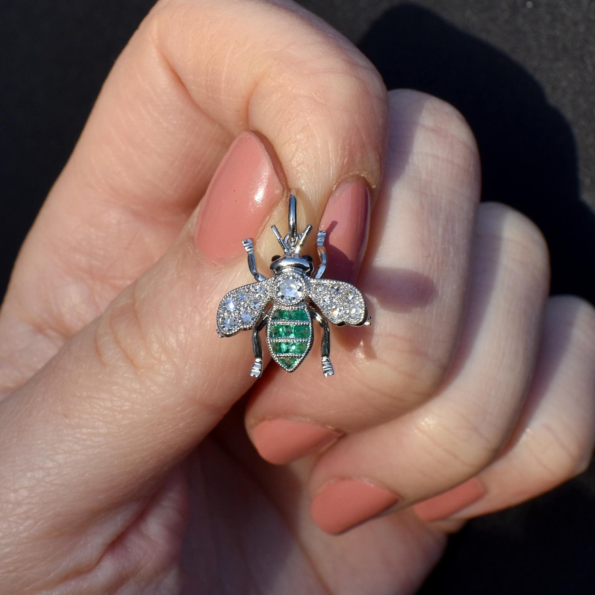 French Cut Emerald and Diamond Platinum Insect Bee Pendant | 0.25ct Diamond