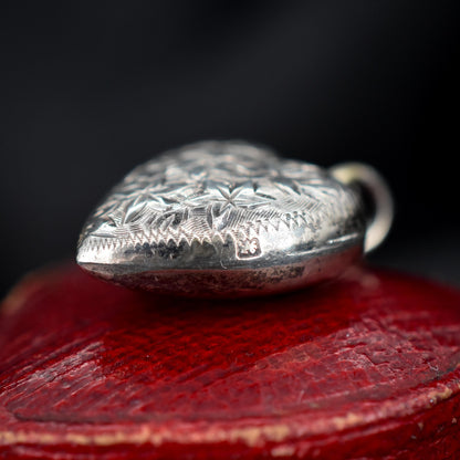 Antique Edwardian Sterling Silver Engraved Puffy Ivy Heart Pendant