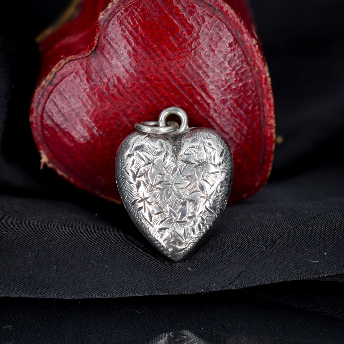 Antique Edwardian Sterling Silver Engraved Puffy Ivy Heart Pendant