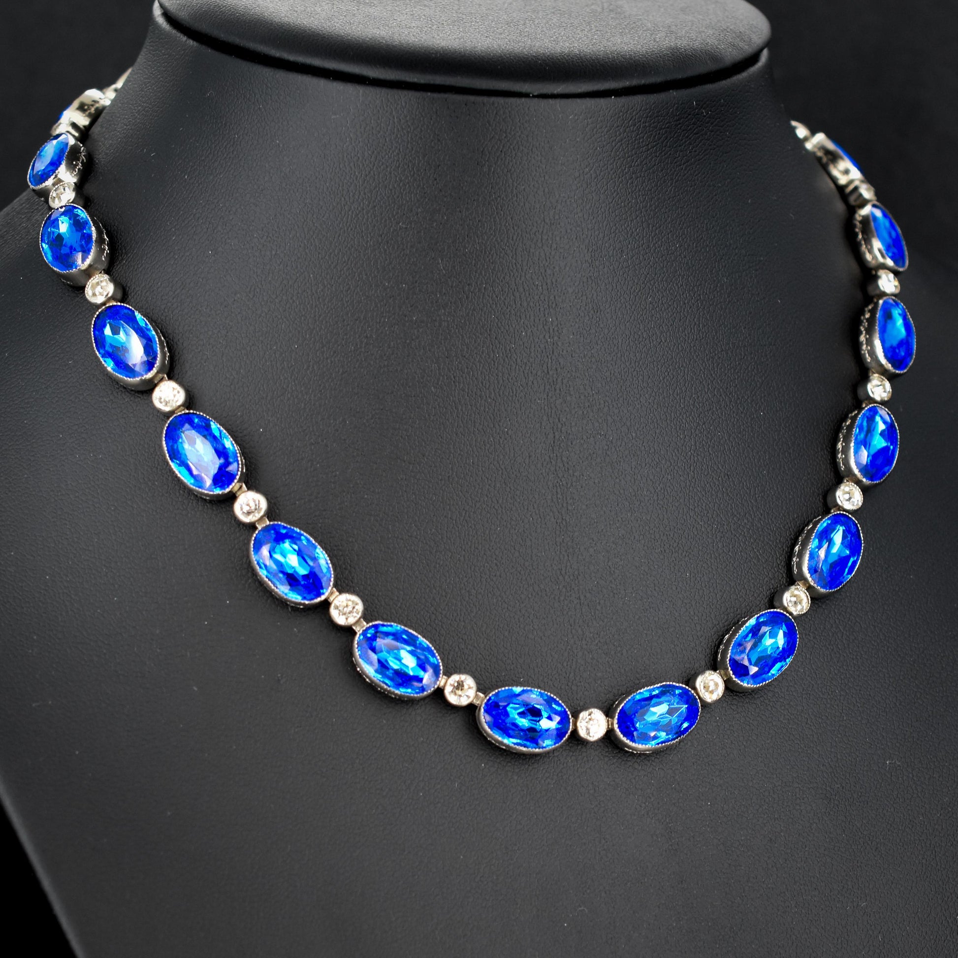 Vintage Blue Paste Bezel Set Riviere Necklace | Art Deco