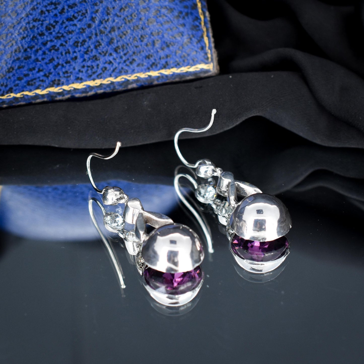 Antique Old Cut Amethyst Paste Silver Drop Earrings