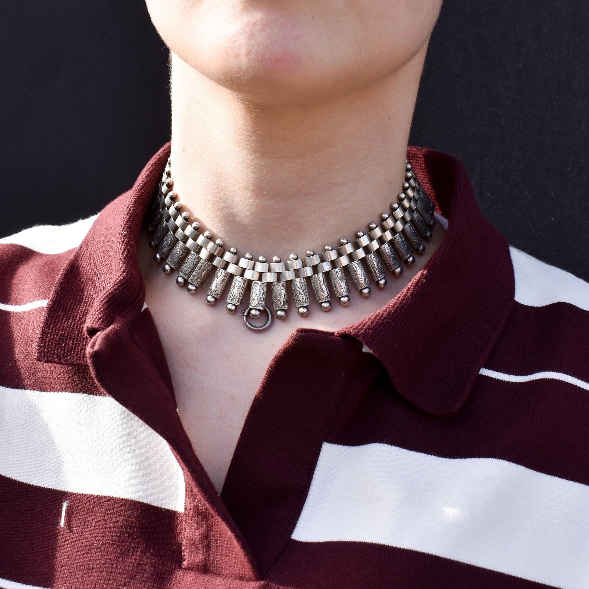 Antique Victorian Aesthetic Silver Collar Necklace | 14" Length with Bolt Ring