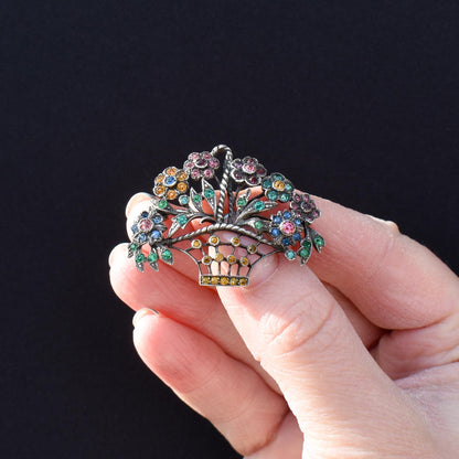 Antique Colourful Paste Silver Flower Basket Brooch Pin | Giardinetti