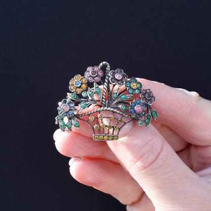 Antique Colourful Paste Silver Flower Basket Brooch Pin | Giardinetti