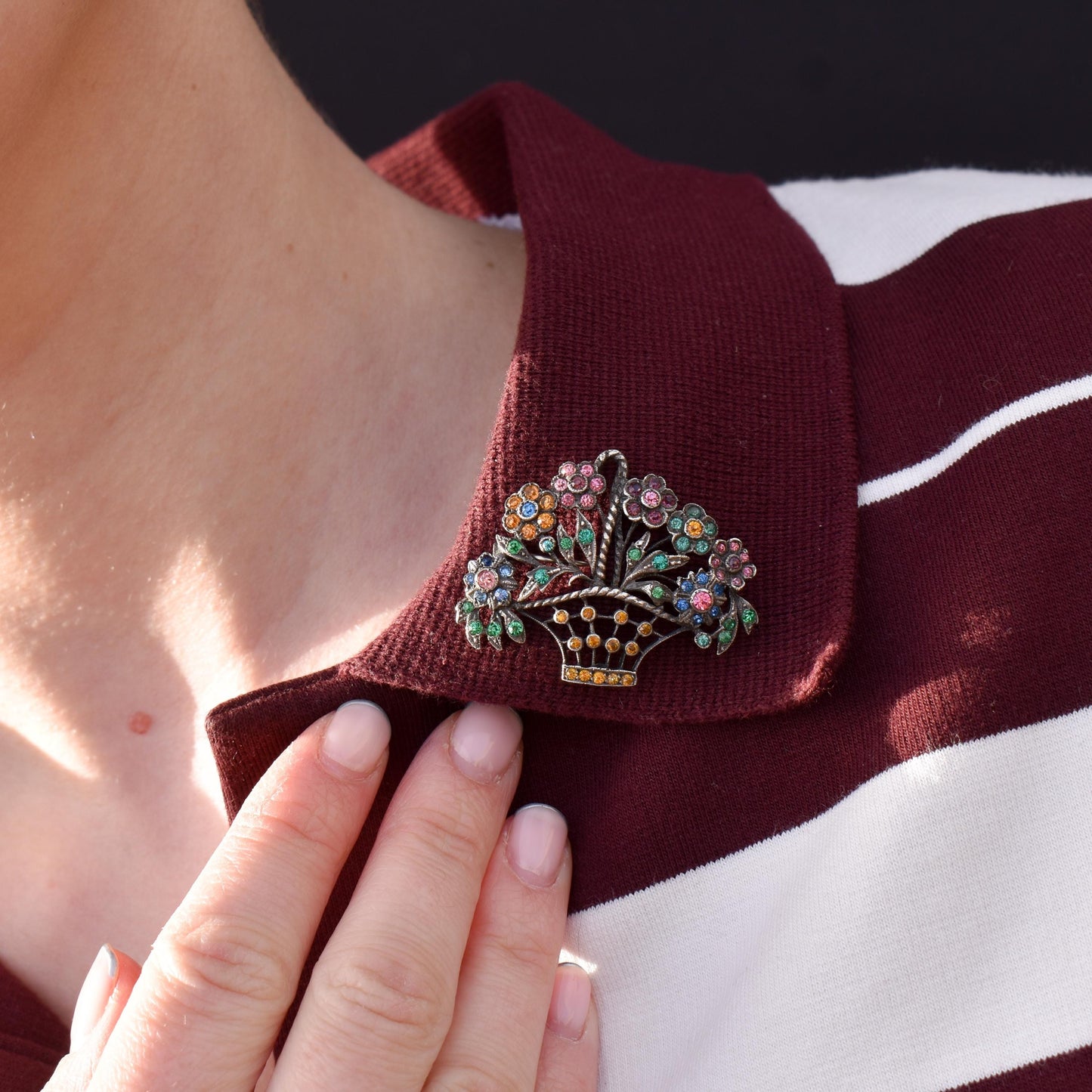 Antique Colourful Paste Silver Flower Basket Brooch Pin | Giardinetti