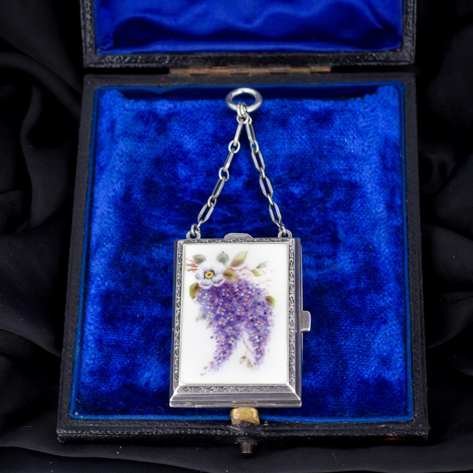 Art Deco Silver Wisteria Enamel Compact Vanity Case with Perfume Scent Bottle