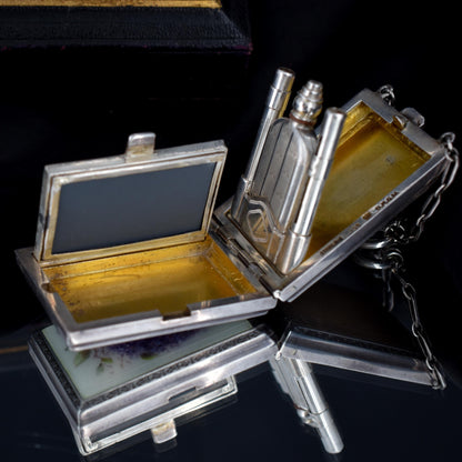 Art Deco Silver Wisteria Enamel Compact Vanity Case with Perfume Scent Bottle