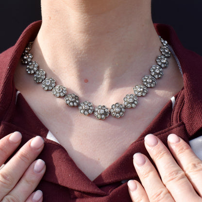 Antique Victorian Paste Flower Daisy Silver Collar Riviere Necklace