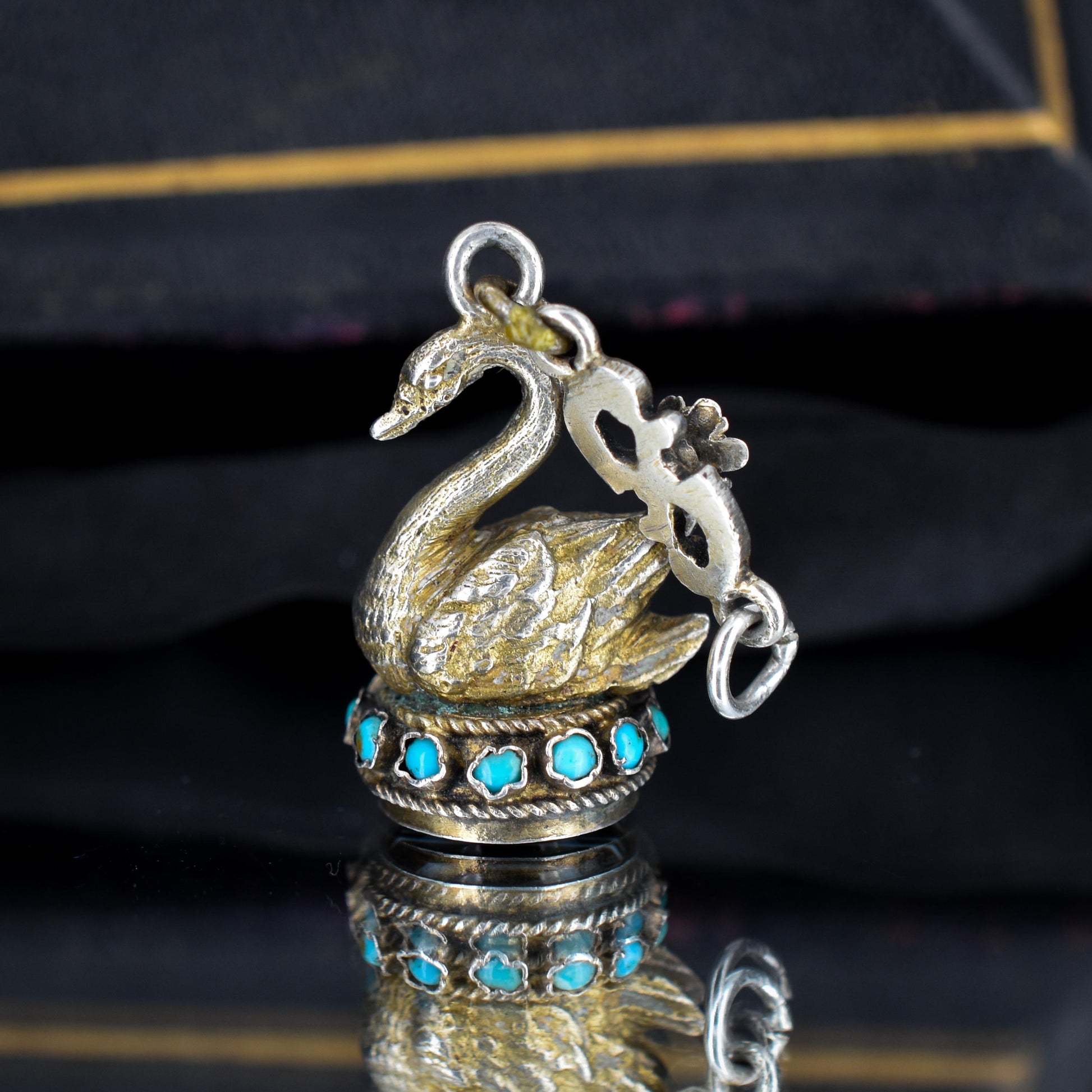 Antique Austro Hungarian Silver Swan Turquoise Fob Pendant