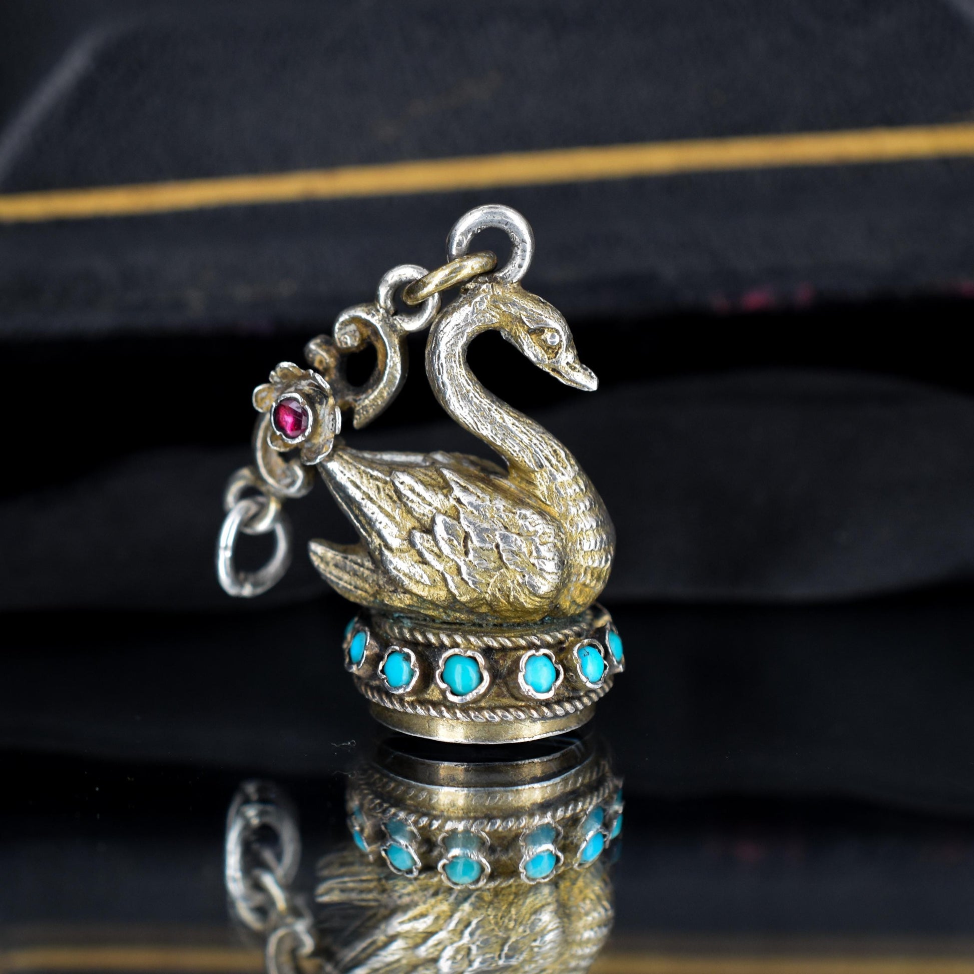 Antique Austro Hungarian Silver Swan Turquoise Fob Pendant