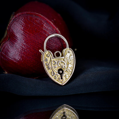 Antique 9ct Gold Engraved Opening Heart Padlock Charm Pendant