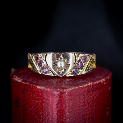 Antique Pearl and Pink Paste Heart Gold Band Ring - Dated 1911