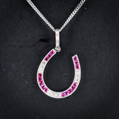 French Cut Ruby and Diamond Horseshoe Platinum Charm Pendant