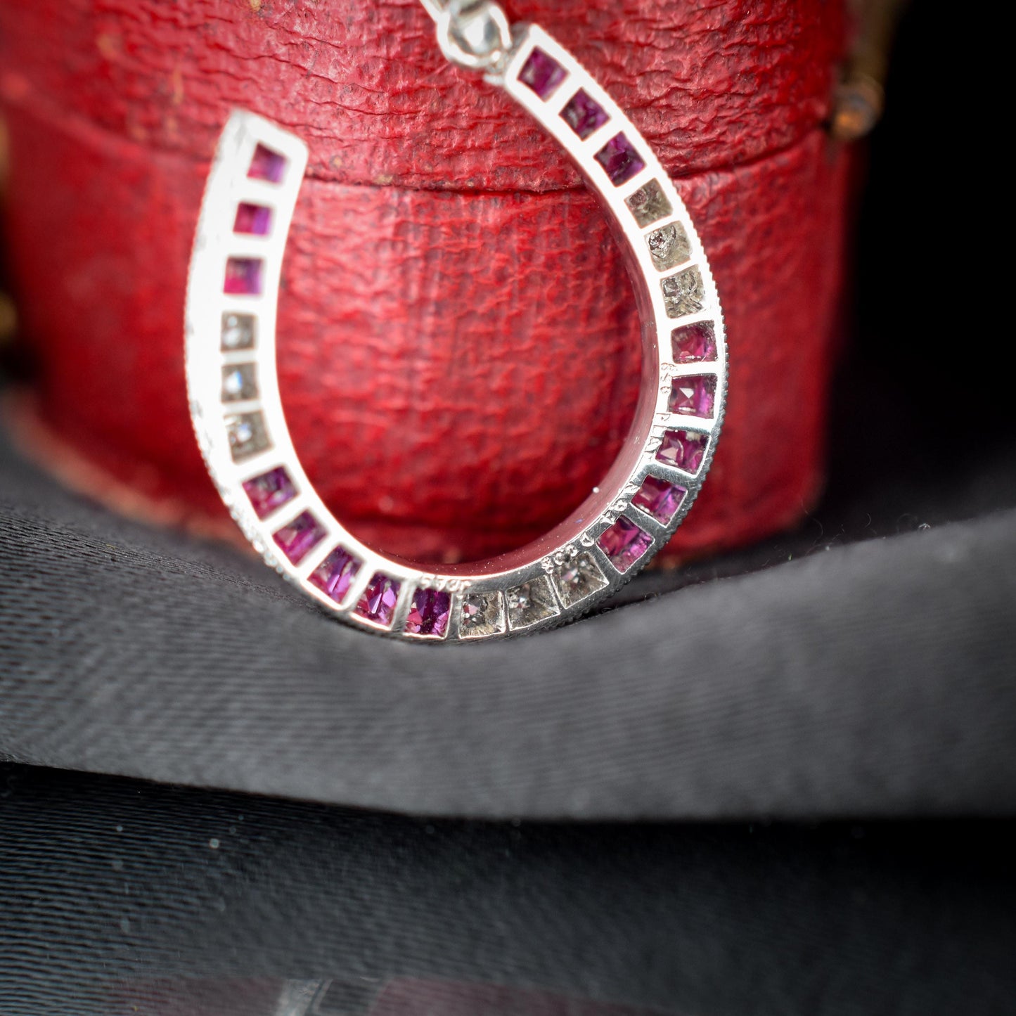 French Cut Ruby and Diamond Horseshoe Platinum Charm Pendant