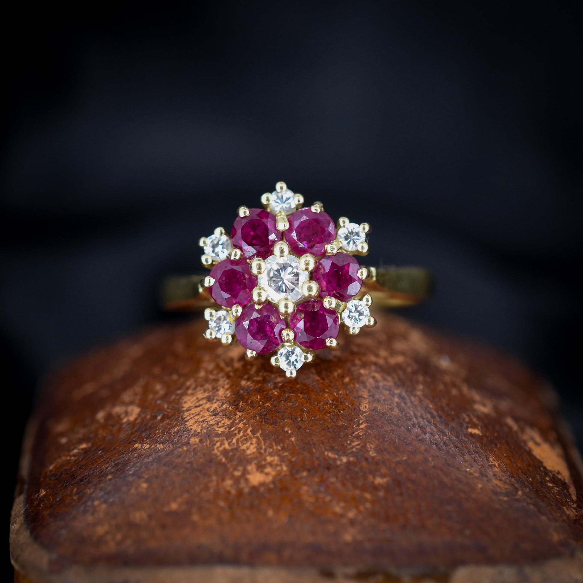 Vintage Ruby and Diamond Cluster 18ct Yellow Gold Ring