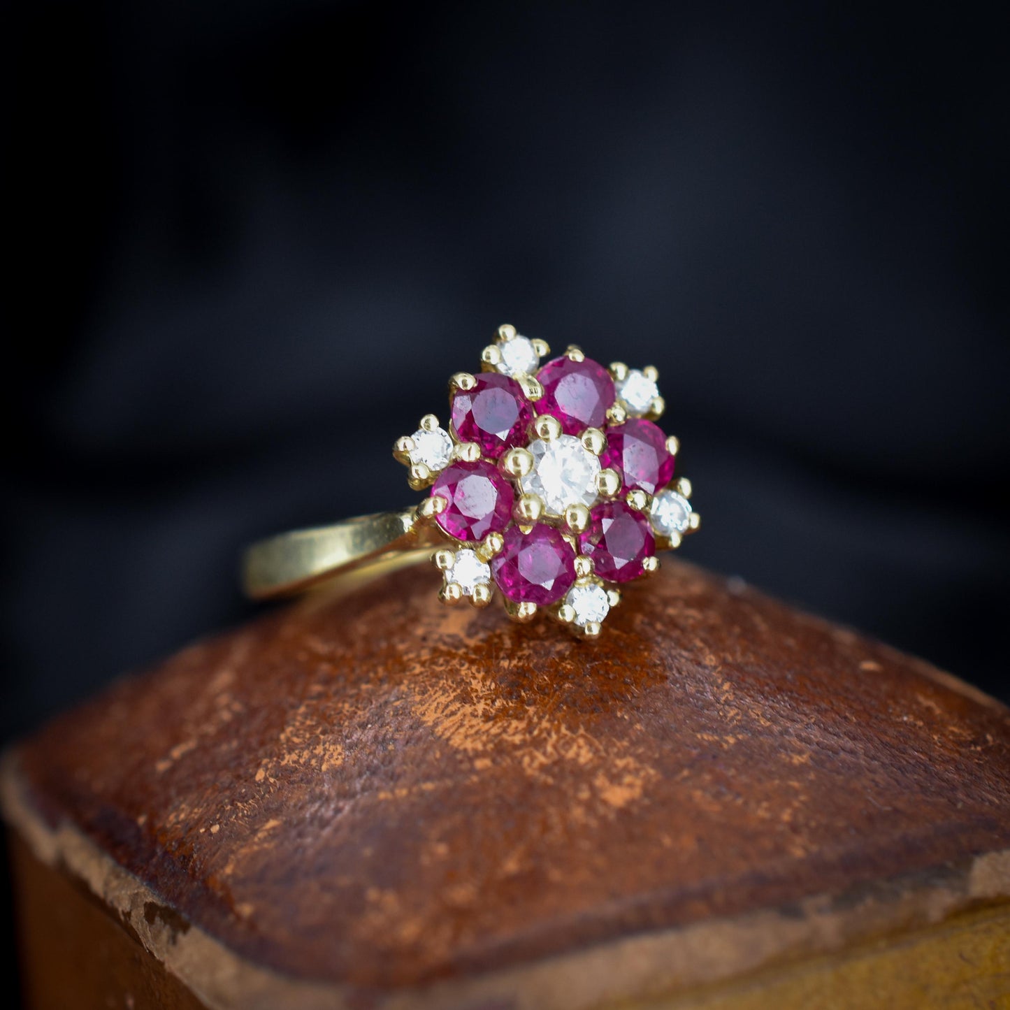 Vintage Ruby and Diamond Cluster 18ct Yellow Gold Ring