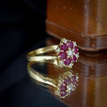 Vintage Ruby and Diamond Cluster 18ct Yellow Gold Ring