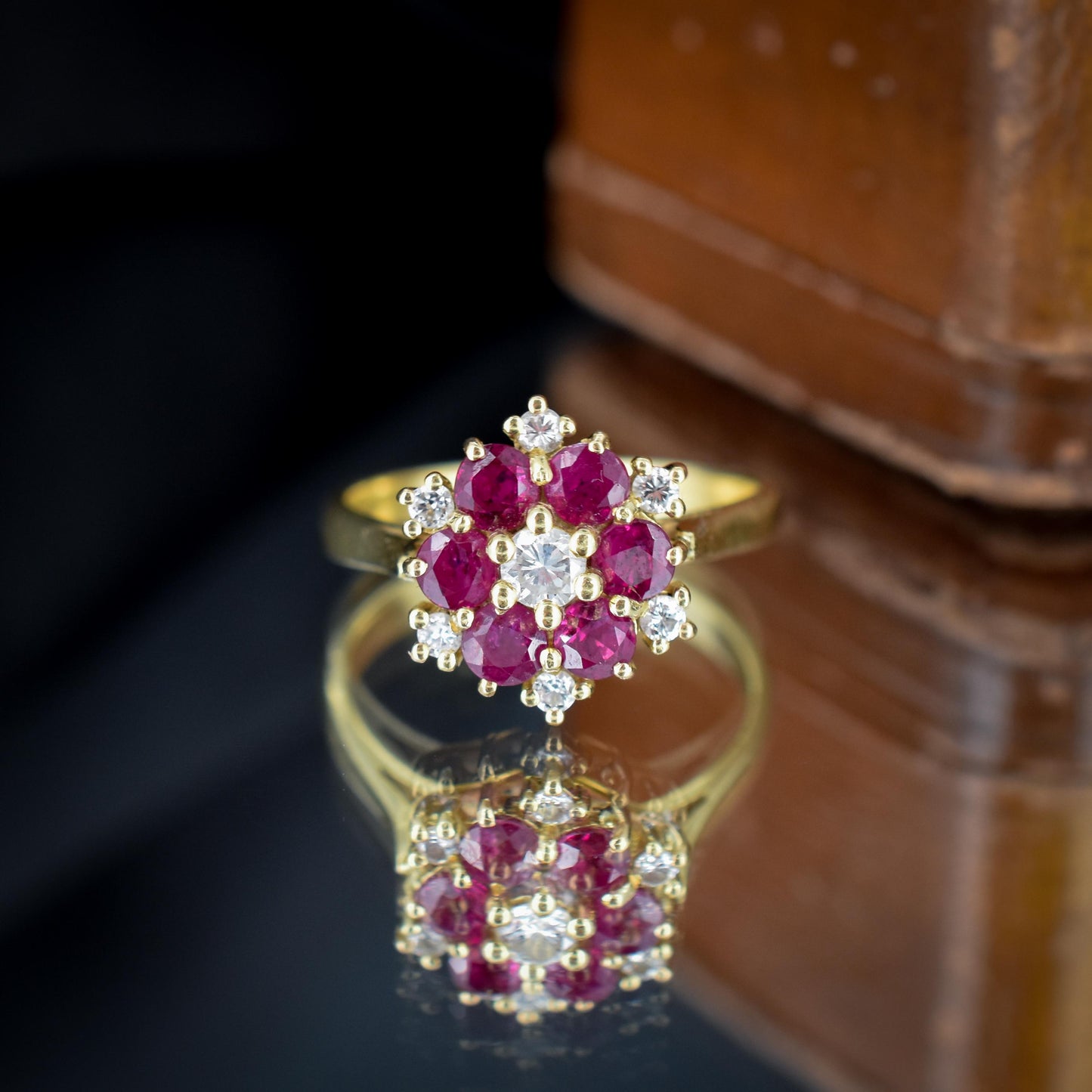 Vintage Ruby and Diamond Cluster 18ct Yellow Gold Ring