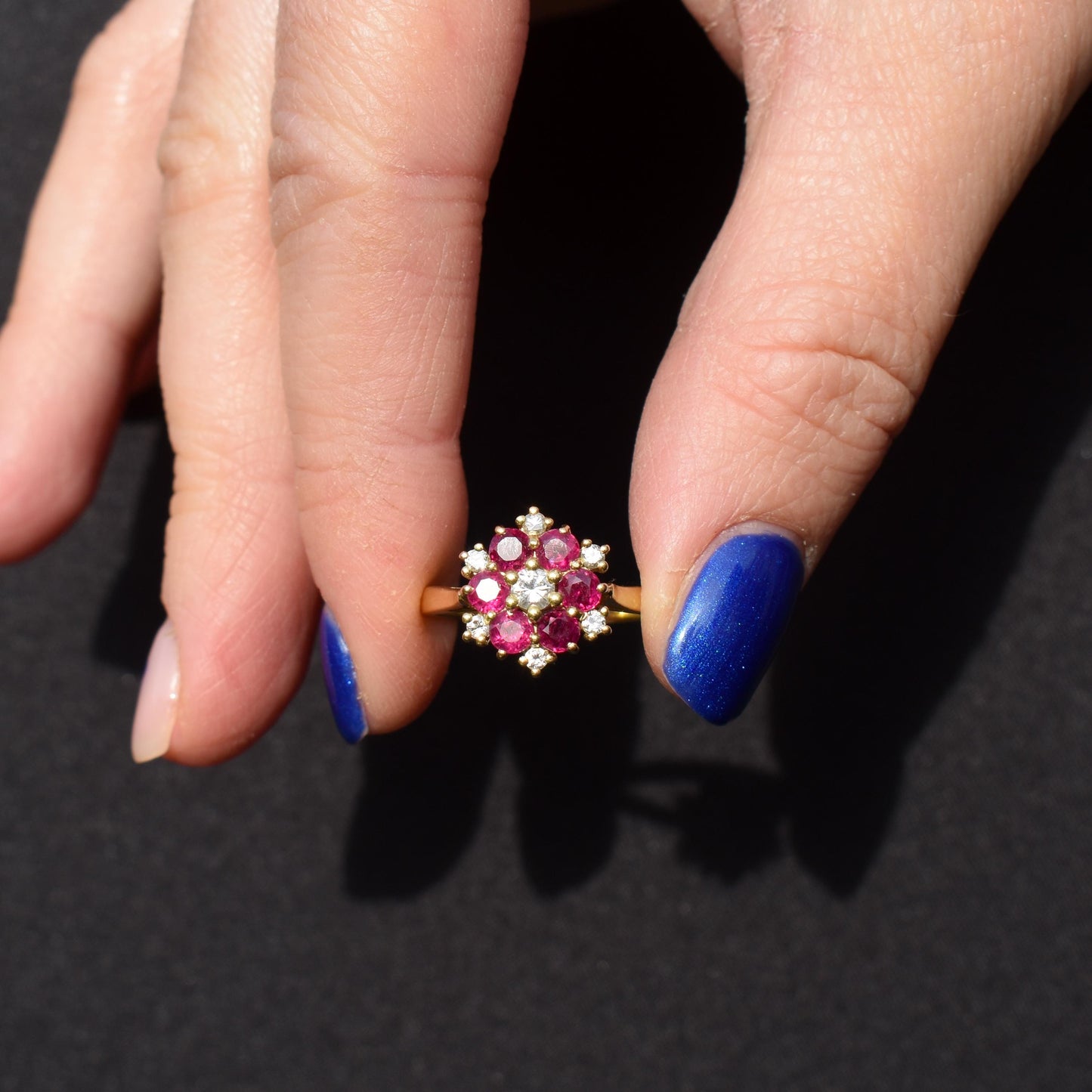 Vintage Ruby and Diamond Cluster 18ct Yellow Gold Ring