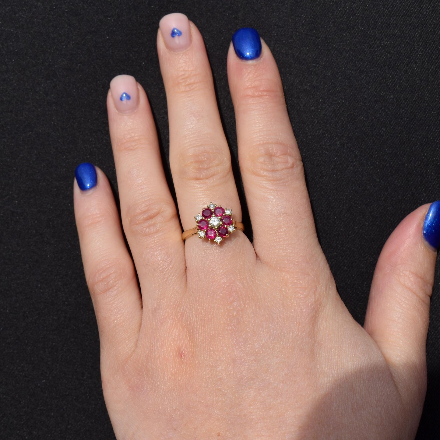 Vintage Ruby and Diamond Cluster 18ct Yellow Gold Ring