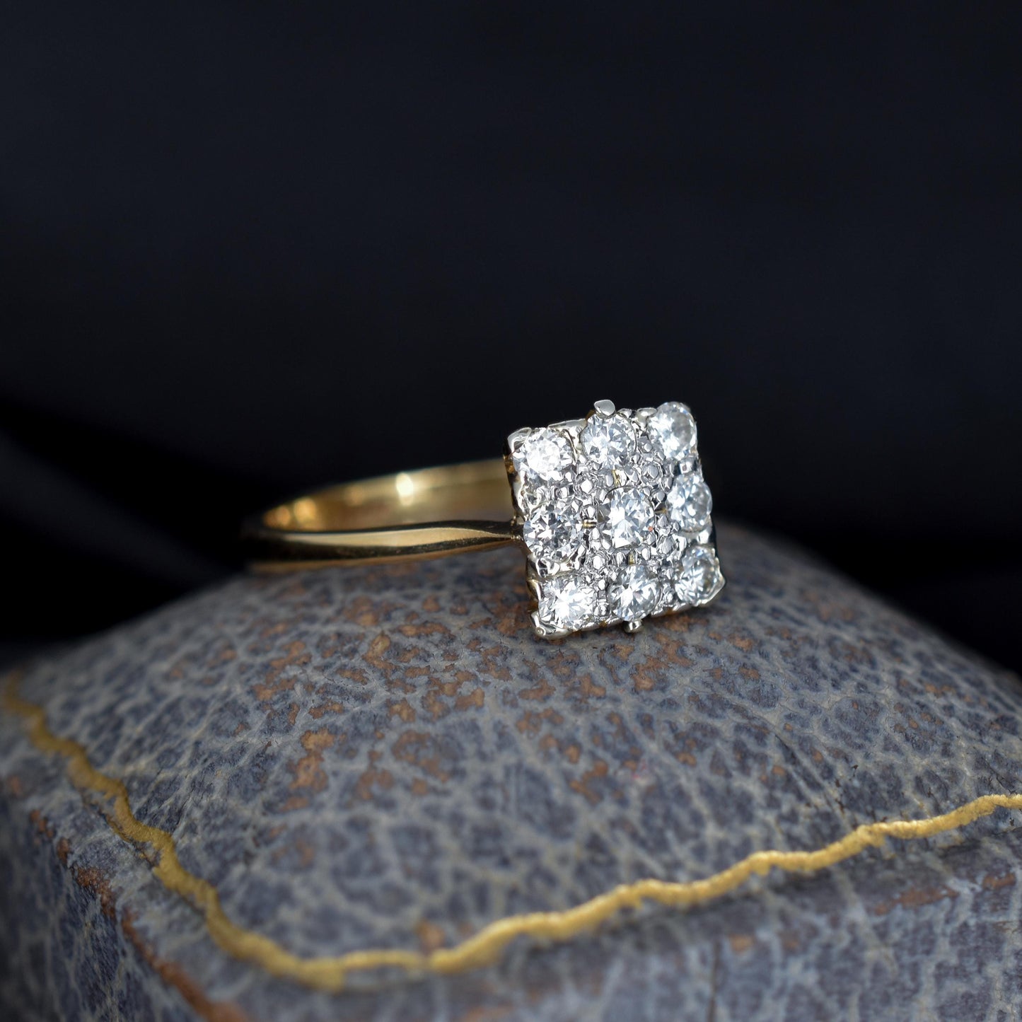 Antique Art Deco Diamond Square Cluster 18ct Gold Ring