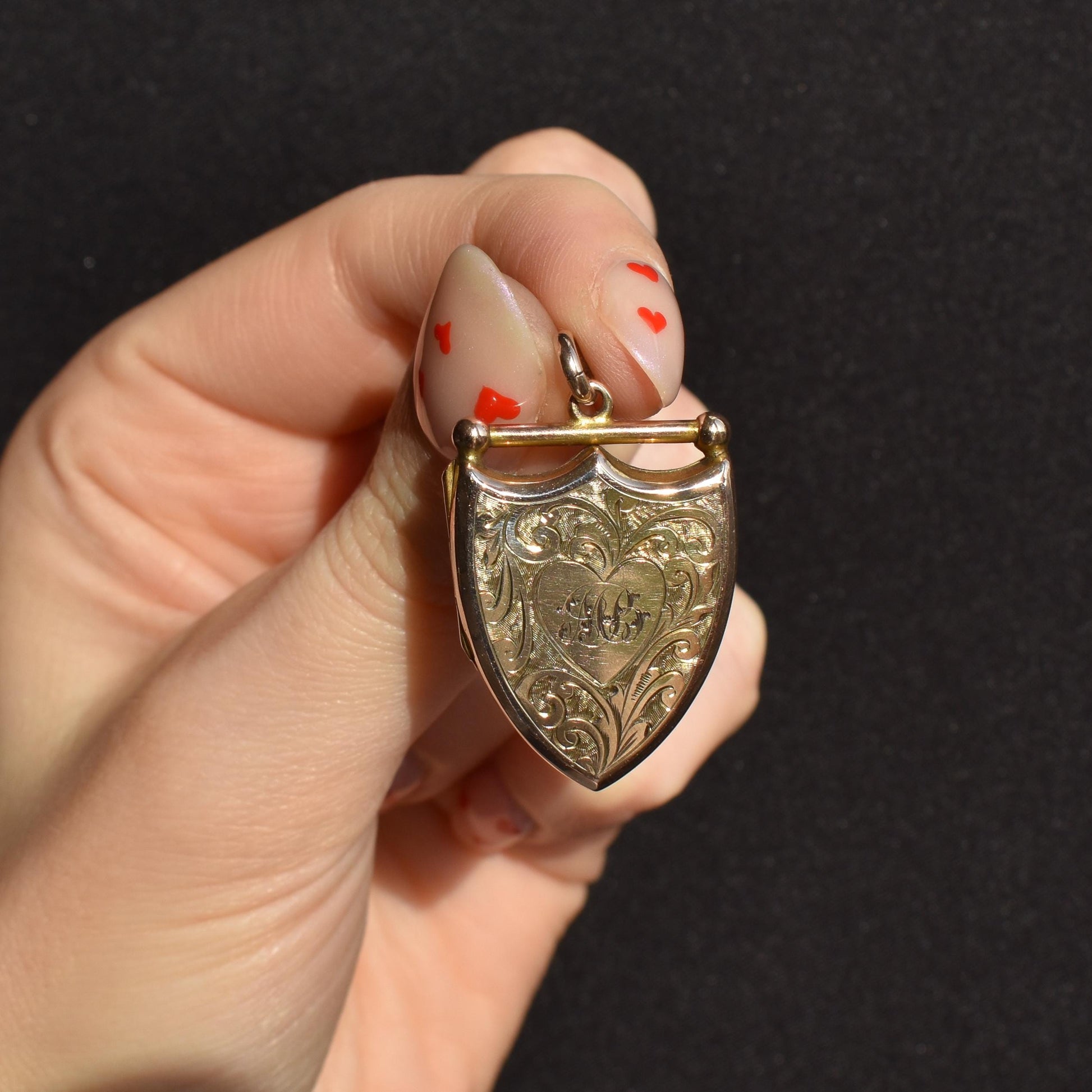 Antique 9ct Gold Engraved Fancy Shield Love Heart Locket Pendant