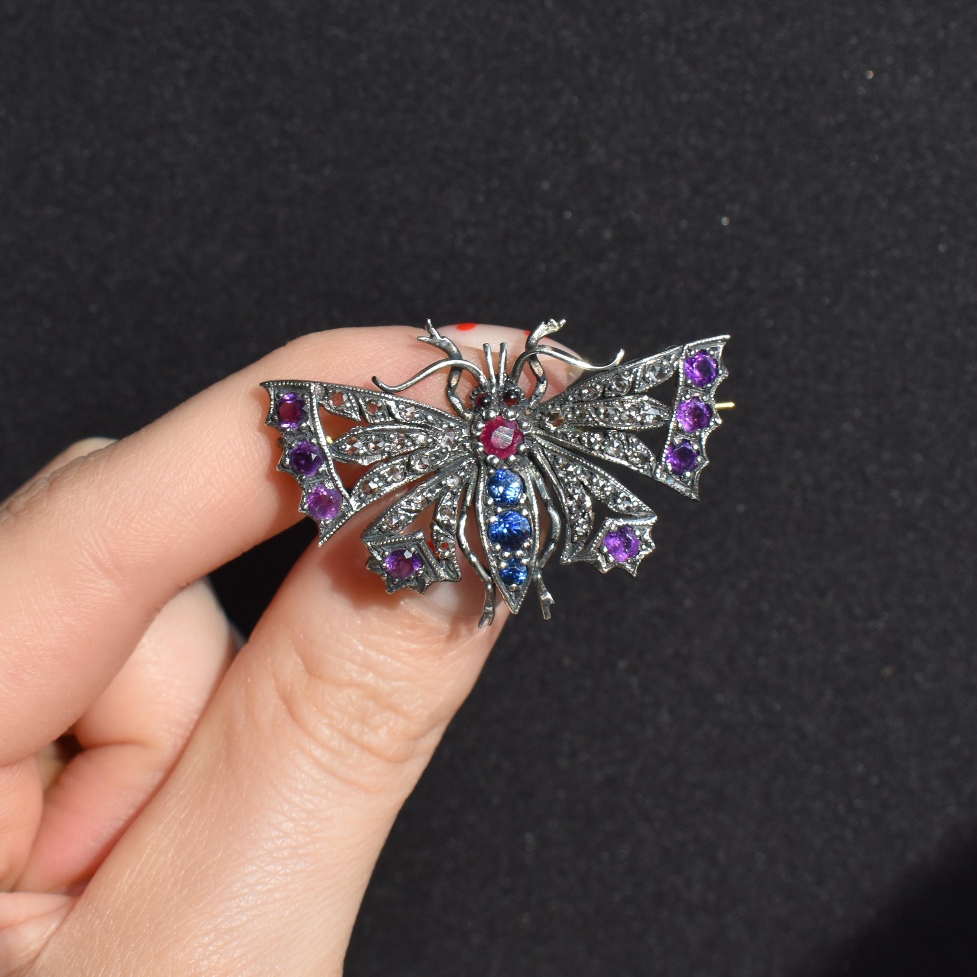 Diamond Sapphire Ruby and Amethyst Antique Style Butterfly Brooch