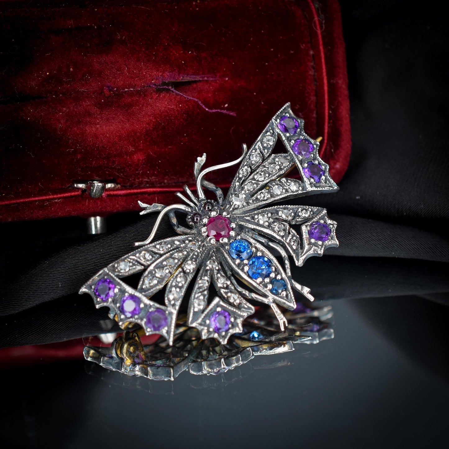 Diamond Sapphire Ruby and Amethyst Antique Style Butterfly Brooch