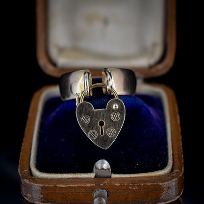 Antique Victorian Heart Padlock Drop 9ct Gold Band Ring | Birmingham 1895