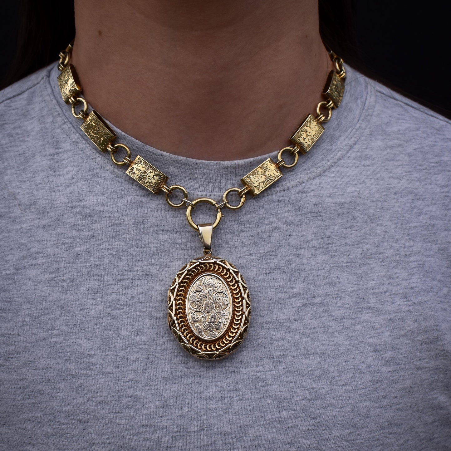 Antique Victorian Silver Gold Gilt Locket and Collar Chain Necklace | Dated 1881