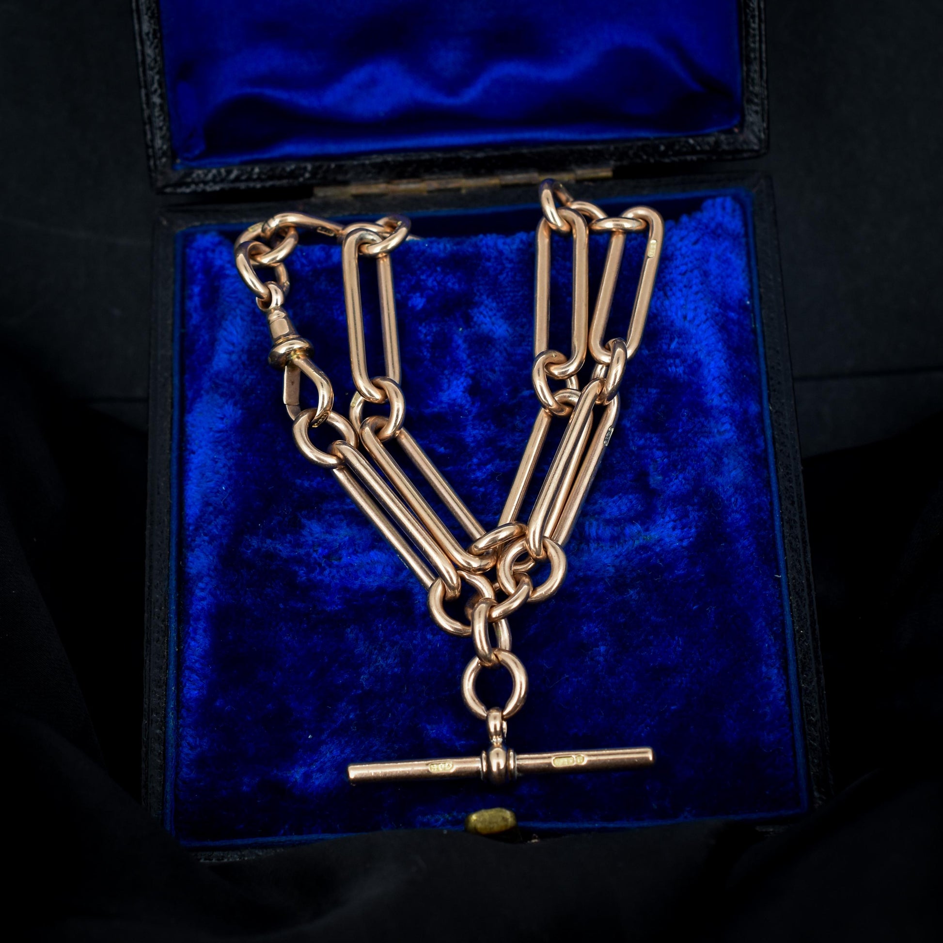 Antique '1897' 9ct Gold Trombone Link Albert Chain Necklace with Dog Clip and T-bar 13" length