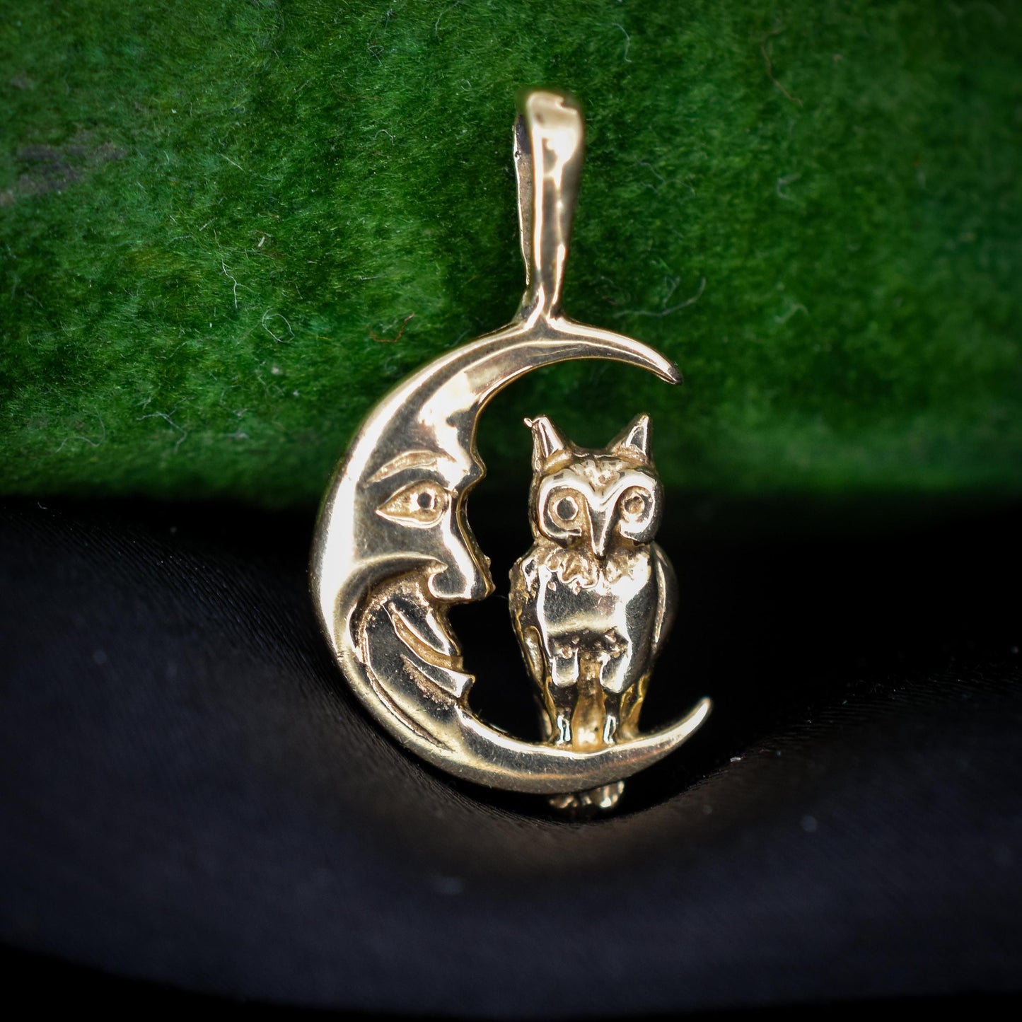 Vintage Man in the Moon Crescent Owl Gold Charm Pendant