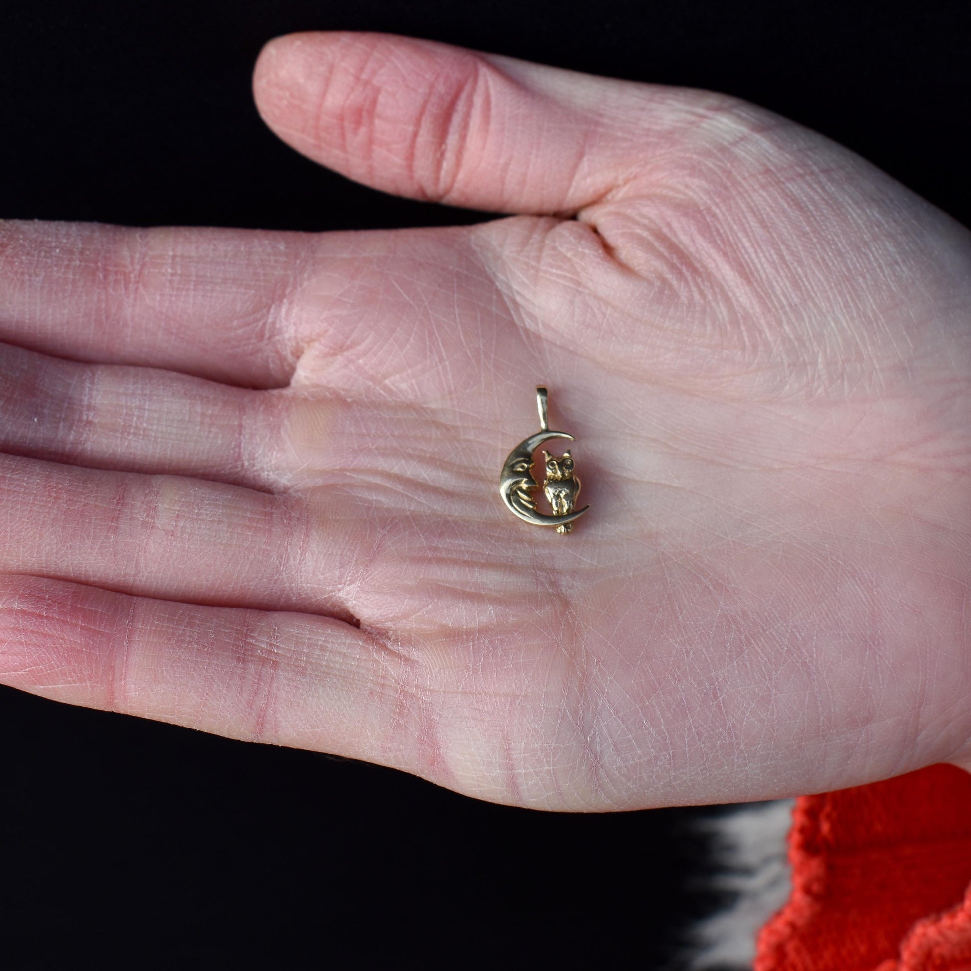 Vintage Man in the Moon Crescent Owl Gold Charm Pendant