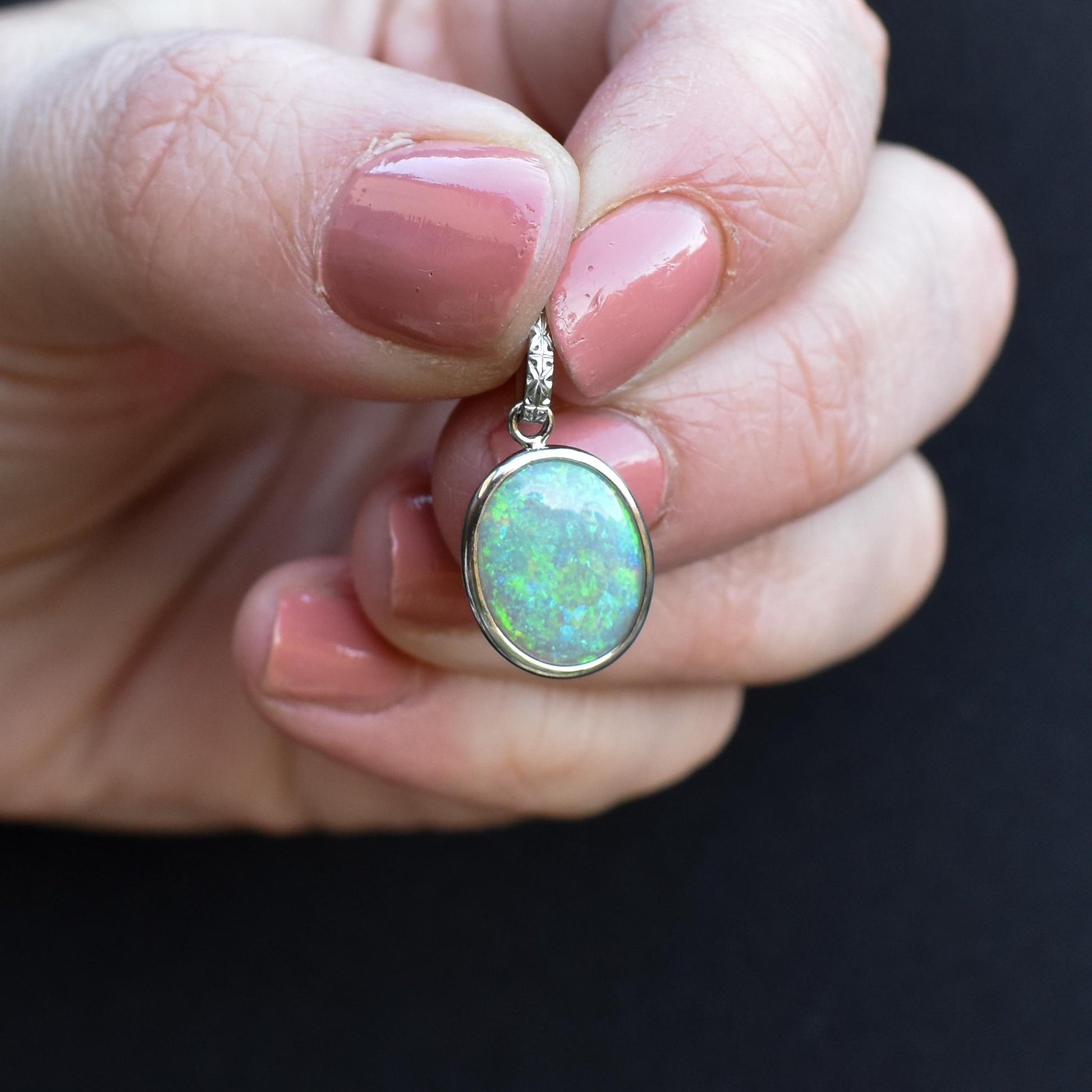 1.9ct Natural Solid Opal Oval Platinum Charm Pendant