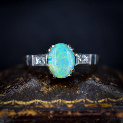 Art Deco Natural Opal and Diamond Oval Solitaire 9ct Gold Ring