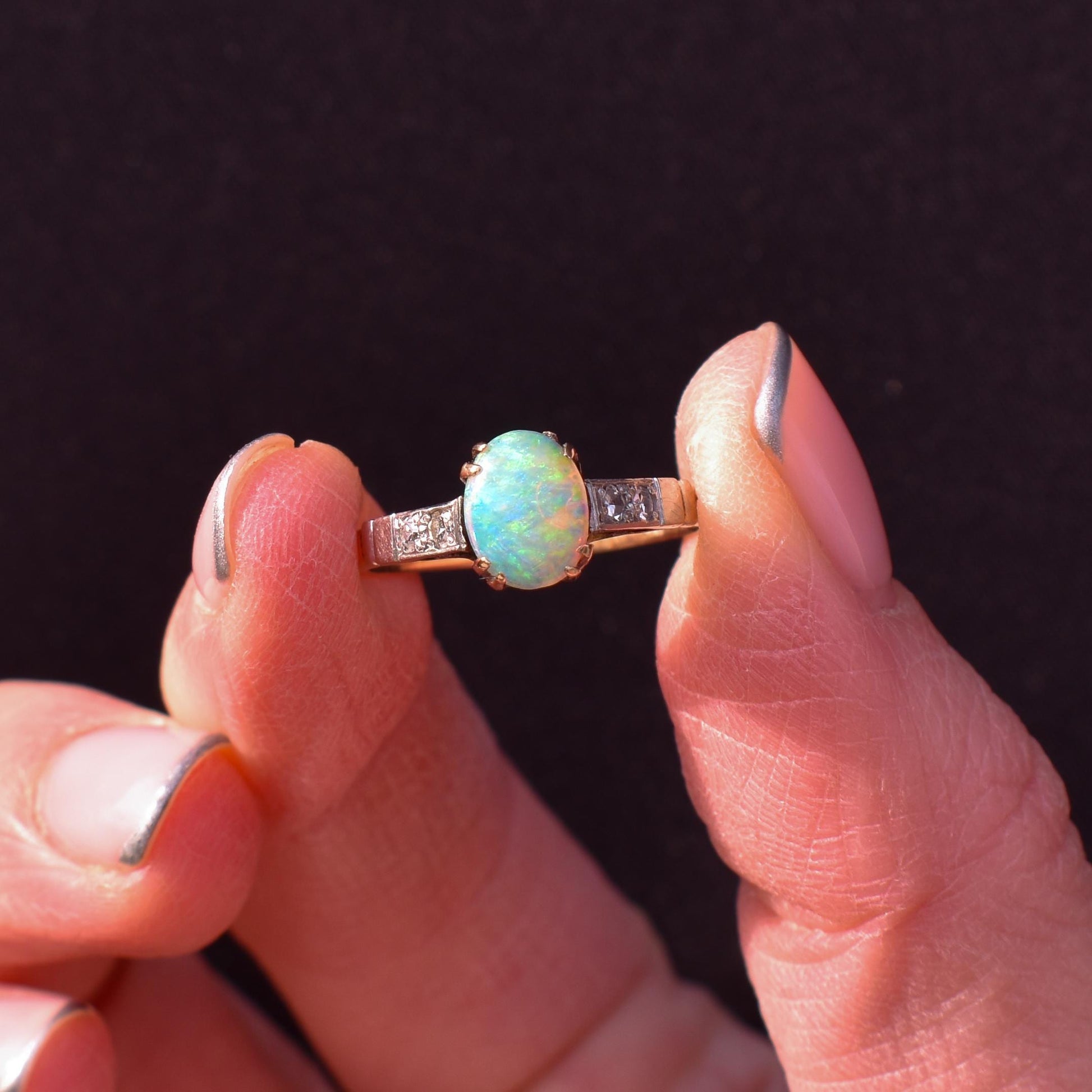 Art Deco Natural Opal and Diamond Oval Solitaire 9ct Gold Ring