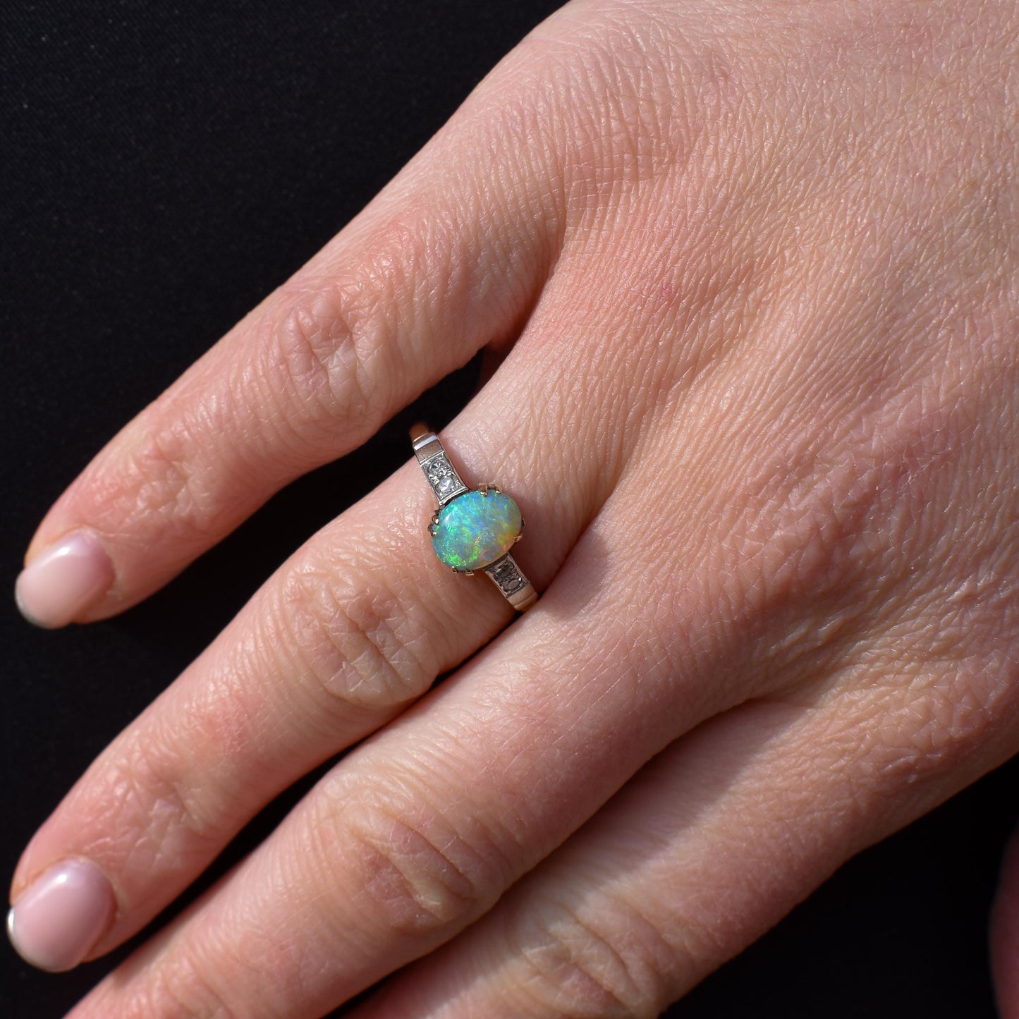 Art Deco Natural Opal and Diamond Oval Solitaire 9ct Gold Ring