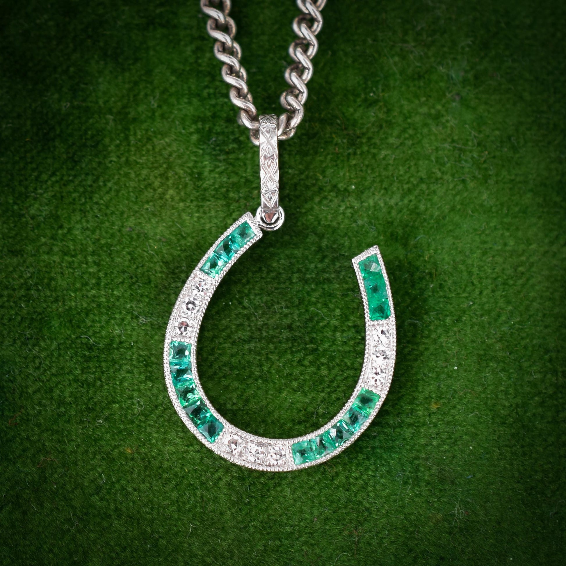 Emerald and Diamond Horseshoe Platinum Charm Pendant