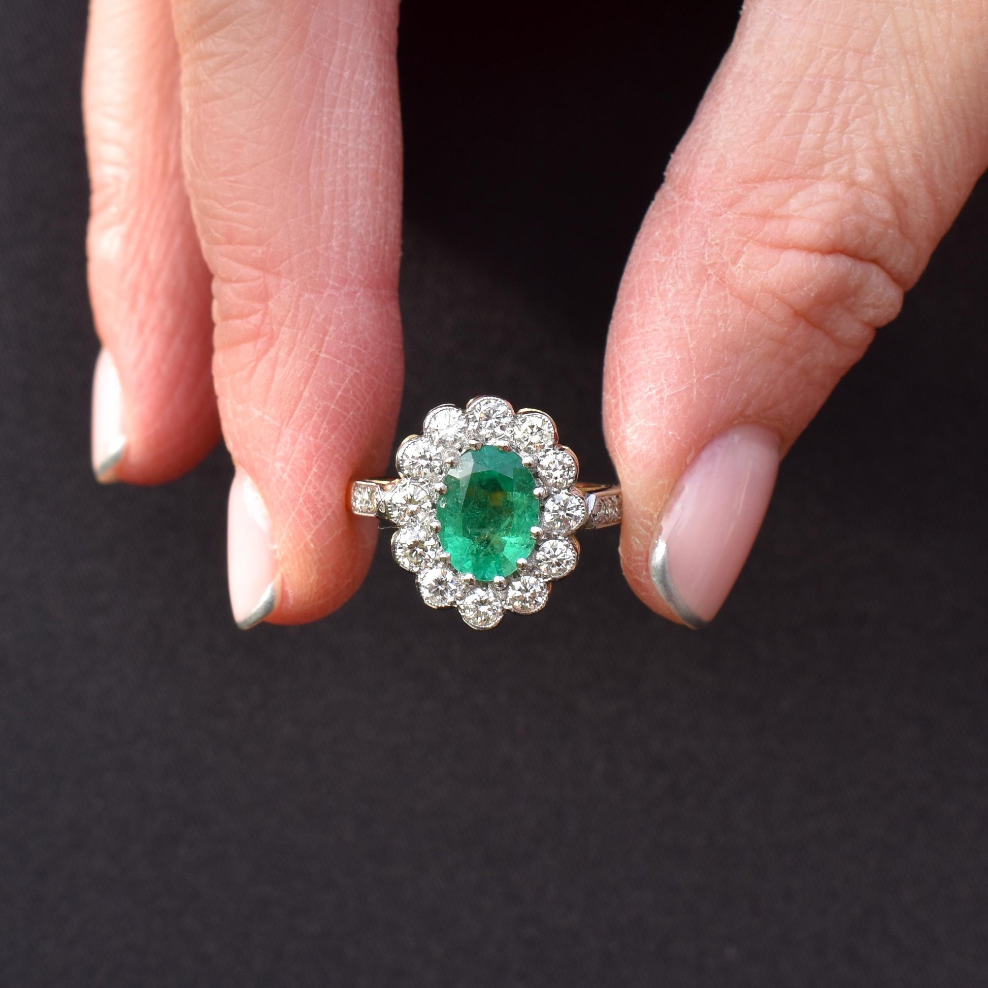 Emerald and Diamond Oval Cluster Halo 18ct Yellow Gold and Platinum Ring | Antique Style