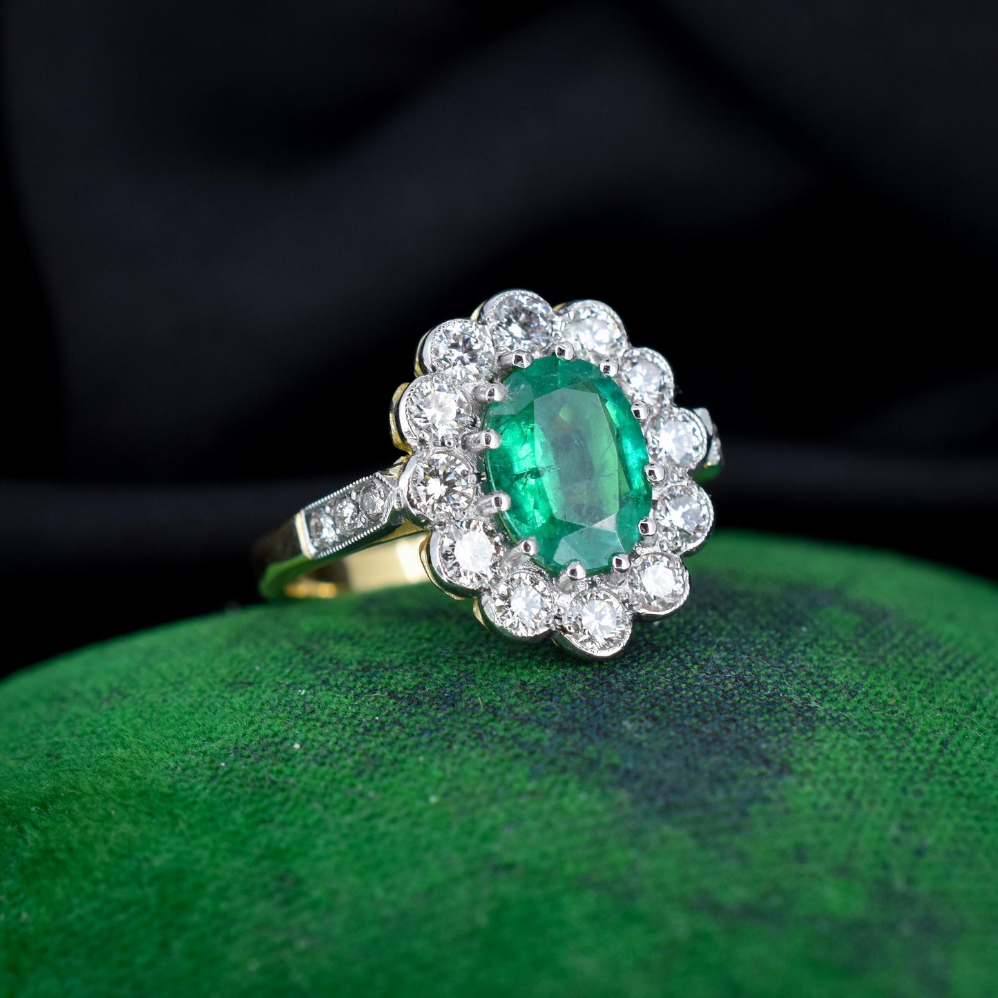 Emerald and Diamond Oval Cluster Halo 18ct Yellow Gold and Platinum Ring | Antique Style