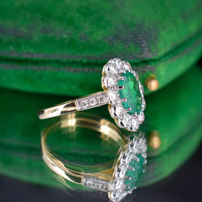 Emerald and Diamond Oval Cluster Halo 18ct Yellow Gold and Platinum Ring | Antique Style