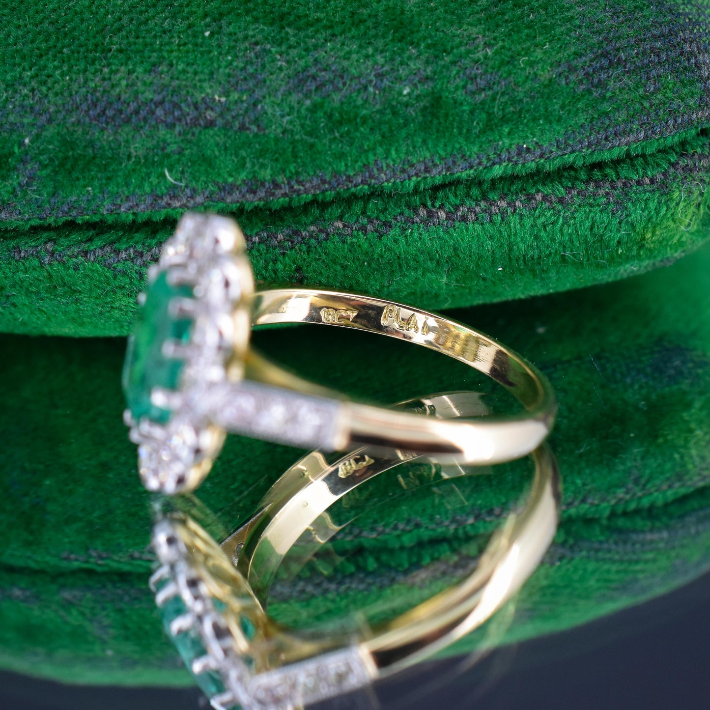 Emerald and Diamond Oval Cluster Halo 18ct Yellow Gold and Platinum Ring | Antique Style